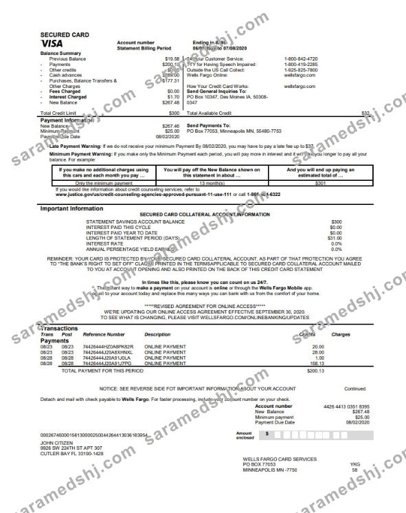 USA Wells Fargo bank credit card statement